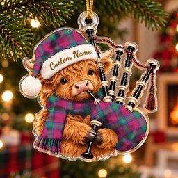 ScotsTee Shop Scottish Lindsay Ancient Tartan Highland Cow Bagpiper Christmas Ornament