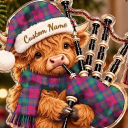 ScotsTee Shop Scottish Lindsay Ancient Tartan Highland Cow Bagpiper Christmas Ornament