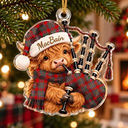 ScotsTee Shop Scottish Macbain Tartan Highland Cow Bagpiper Christmas Ornament