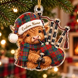 ScotsTee Shop Scottish Maclean Of Duart Ancient Tartan Highland Cow Bagpiper Christmas Ornament