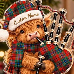 ScotsTee Shop Scottish Maclean Of Duart Ancient Tartan Highland Cow Bagpiper Christmas Ornament