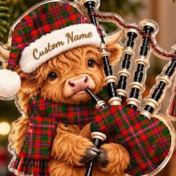 ScotsTee Shop Scottish Mackinnon Modern Tartan Highland Cow Bagpiper Christmas Ornament
