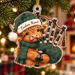 ScotsTee Shop Scottish Mackinnon Hunting Ancient Tartan Highland Cow Bagpiper Christmas Ornament