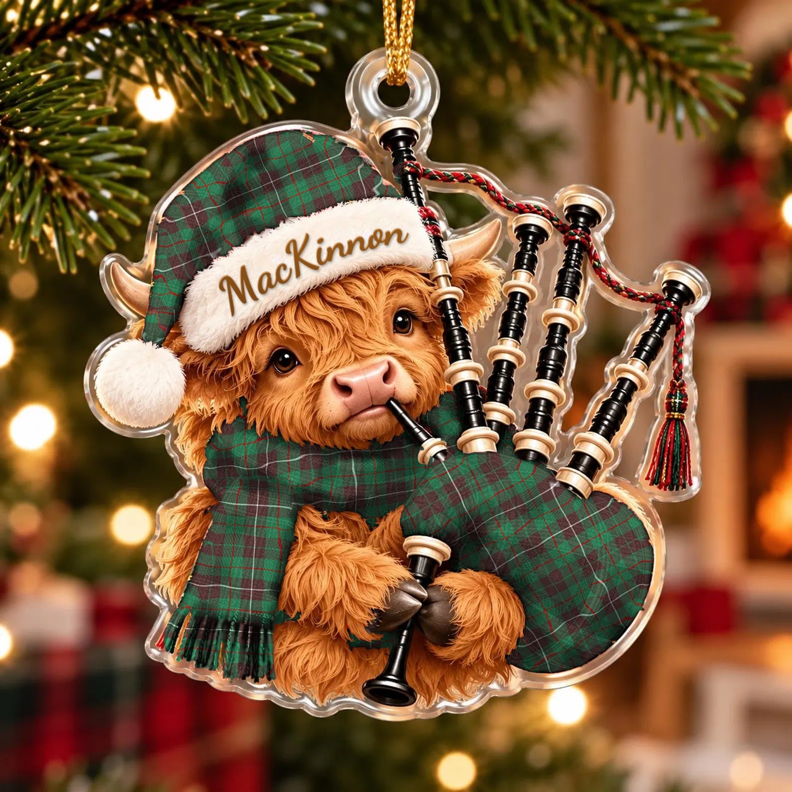 ScotsTee Shop Scottish Mackinnon Hunting Ancient Tartan Highland Cow Bagpiper Christmas Ornament
