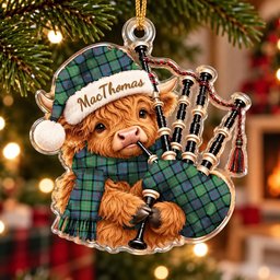 ScotsTee Shop Scottish Macthomas Ancient Tartan Highland Cow Bagpiper Christmas Ornament