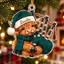ScotsTee Shop Scottish Lauder Tartan Highland Cow Bagpiper Christmas Ornament