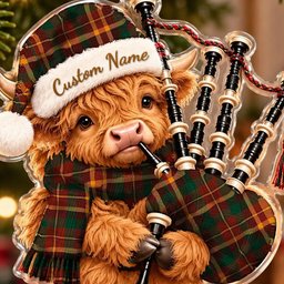 ScotsTee Shop Scottish Mcnally Tartan Highland Cow Bagpiper Christmas Ornament