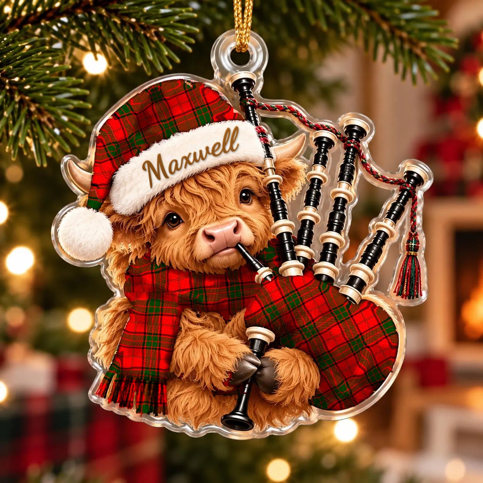 ScotsTee Shop Scottish Maxwell Modern Tartan Highland Cow Bagpiper Christmas Ornament