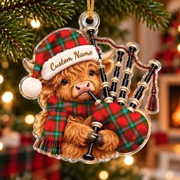 ScotsTee Shop Scottish Maclaine Of Loch Buie Tartan Highland Cow Bagpiper Christmas Ornament