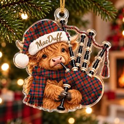 ScotsTee Shop Scottish Macduff Ancient Tartan Highland Cow Bagpiper Christmas Ornament
