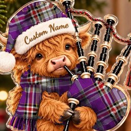 ScotsTee Shop Scottish Lockwood Tartan Highland Cow Bagpiper Christmas Ornament