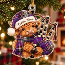 ScotsTee Shop Scottish Lockwood Tartan Highland Cow Bagpiper Christmas Ornament