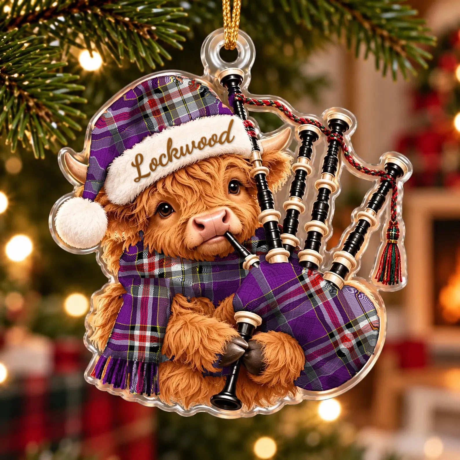 ScotsTee Shop Scottish Lockwood Tartan Highland Cow Bagpiper Christmas Ornament