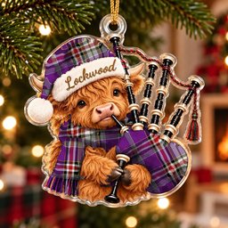 ScotsTee Shop Scottish Lockwood Tartan Highland Cow Bagpiper Christmas Ornament
