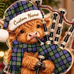 ScotsTee Shop Scottish Macdonald Ancient Tartan Highland Cow Bagpiper Christmas Ornament