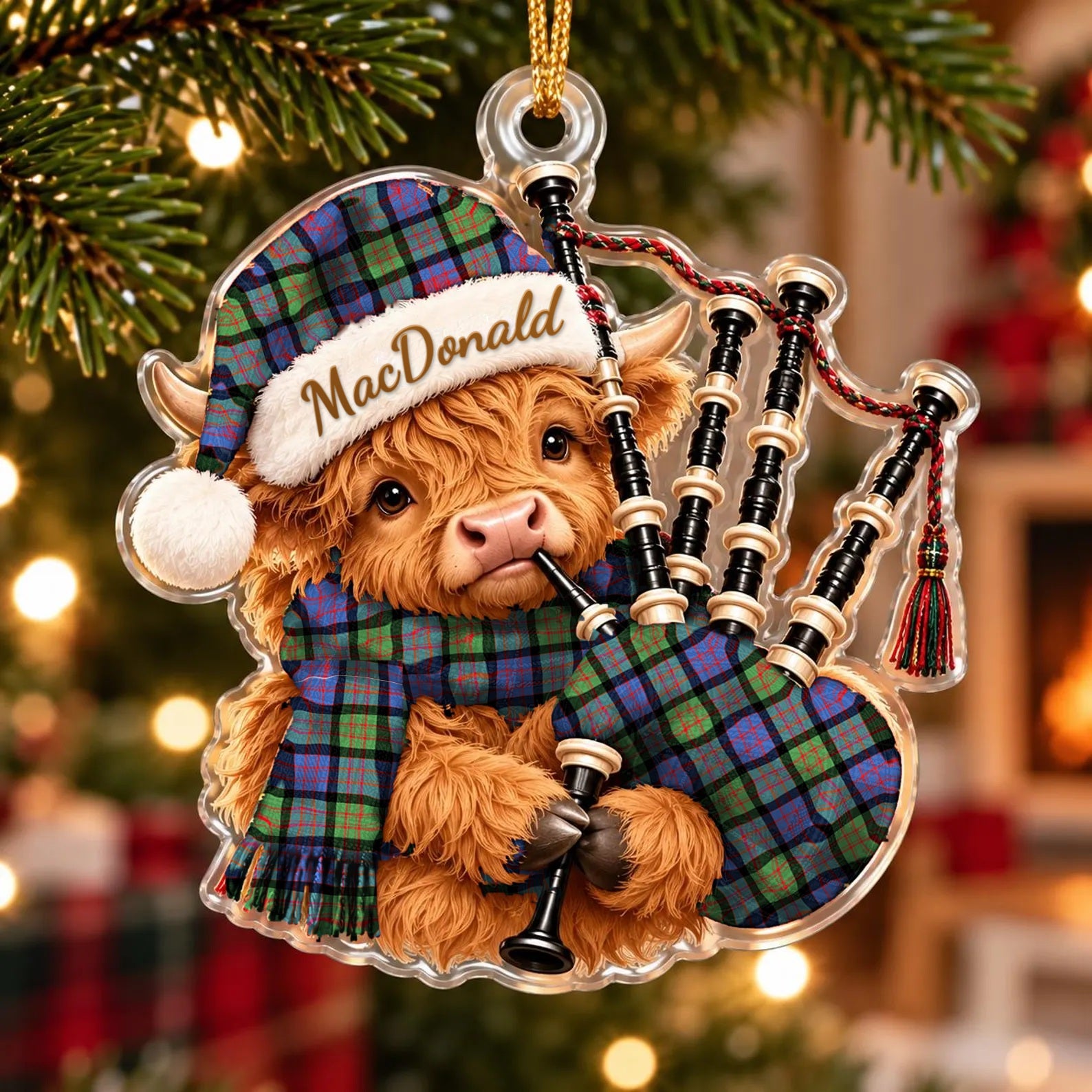 ScotsTee Shop Scottish Macdonald Ancient Tartan Highland Cow Bagpiper Christmas Ornament