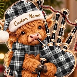ScotsTee Shop Scottish Macfarlane Black White Ancient Tartan Highland Cow Bagpiper Christmas Ornament