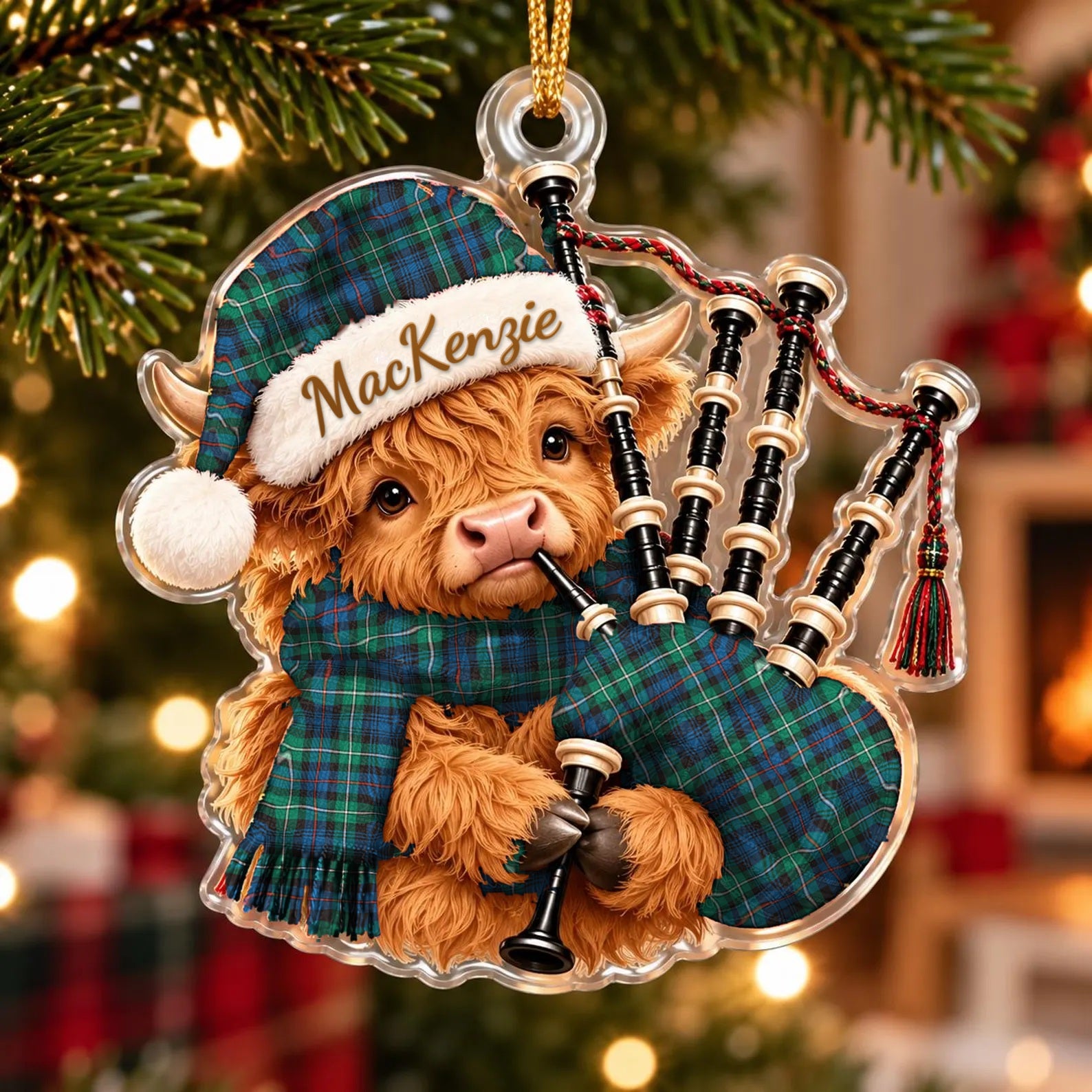 ScotsTee Shop Scottish Mackenzie Ancient Tartan Highland Cow Bagpiper Christmas Ornament
