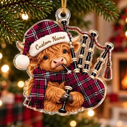 ScotsTee Shop Scottish Little Tartan Highland Cow Bagpiper Christmas Ornament