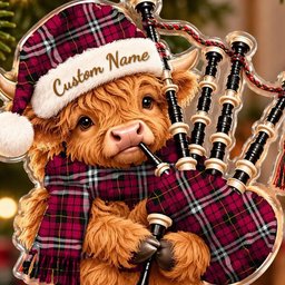 ScotsTee Shop Scottish Little Tartan Highland Cow Bagpiper Christmas Ornament