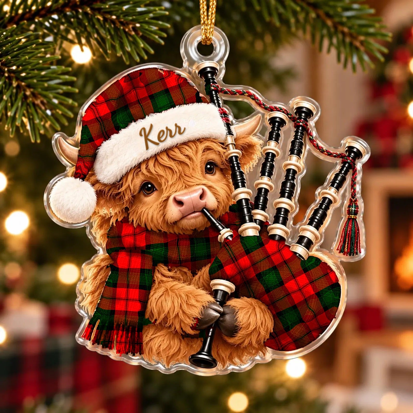 ScotsTee Shop Scottish Kerr Modern Tartan Highland Cow Bagpiper Christmas Ornament