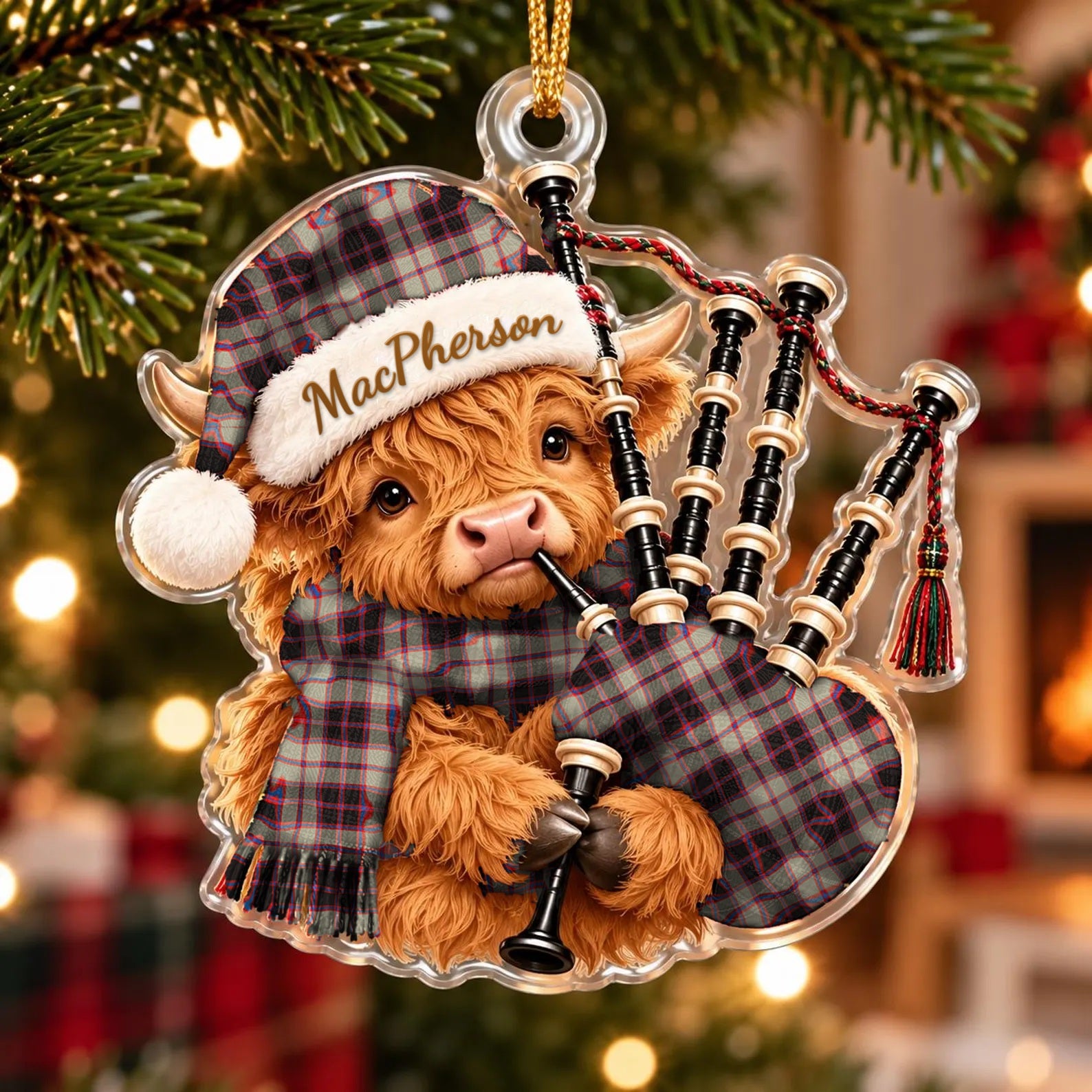 ScotsTee Shop Scottish Macpherson Hunting Ancient Tartan Highland Cow Bagpiper Christmas Ornament
