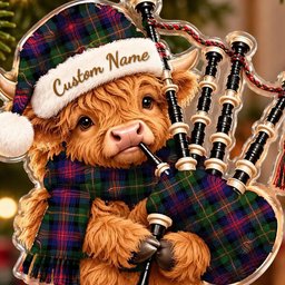 ScotsTee Shop Scottish Logan Modern Tartan Highland Cow Bagpiper Christmas Ornament