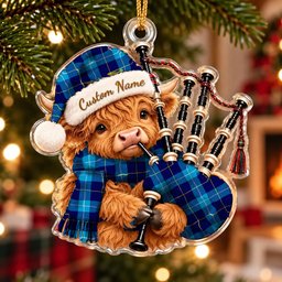 ScotsTee Shop Scottish Mckerrell Tartan Highland Cow Bagpiper Christmas Ornament