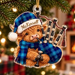 ScotsTee Shop Scottish Mckerrell Tartan Highland Cow Bagpiper Christmas Ornament