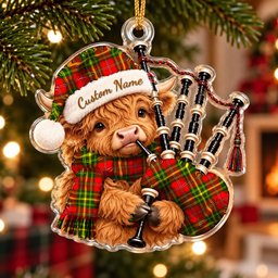 ScotsTee Shop Scottish Leask Tartan Highland Cow Bagpiper Christmas Ornament