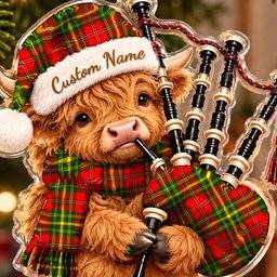 ScotsTee Shop Scottish Leask Tartan Highland Cow Bagpiper Christmas Ornament