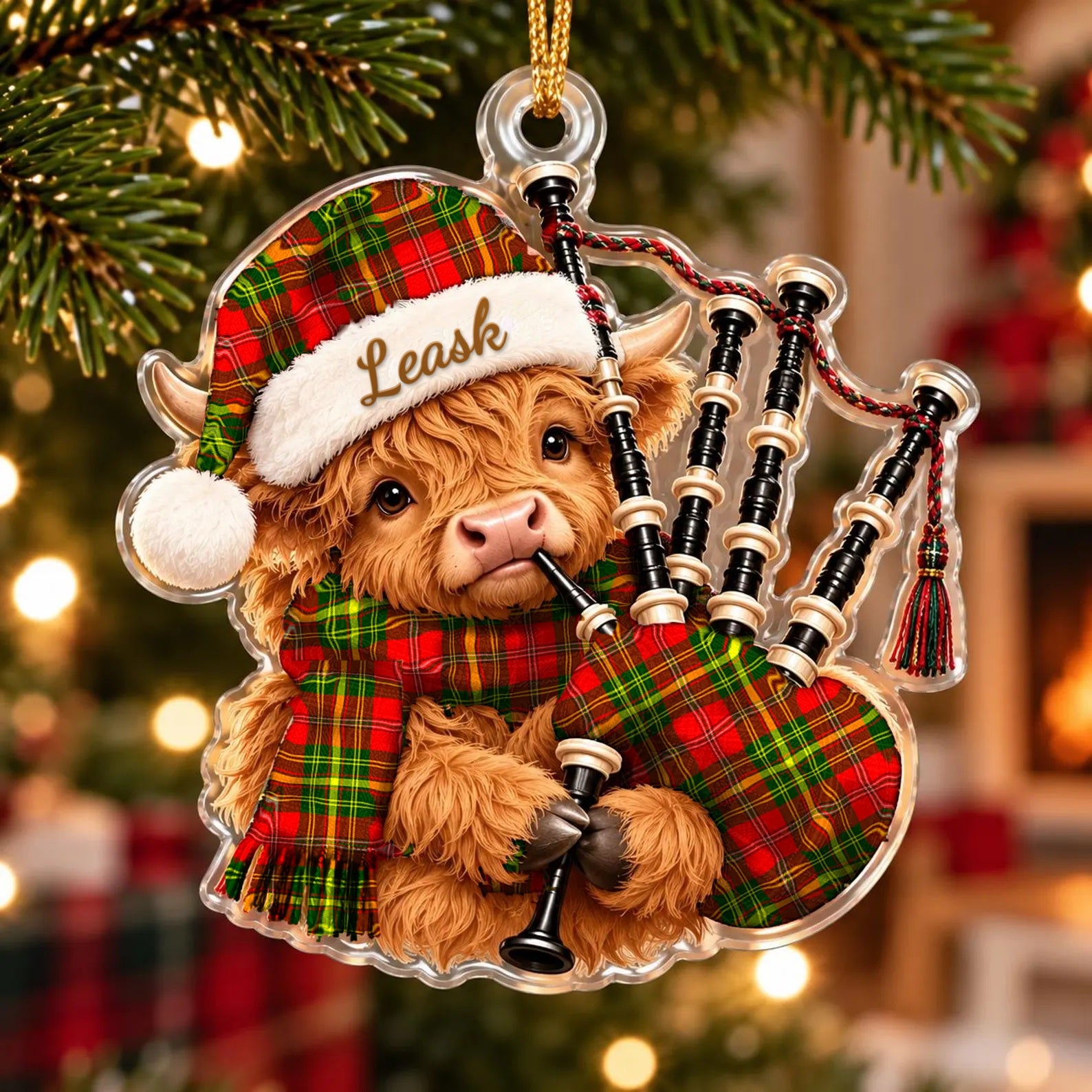 ScotsTee Shop Scottish Leask Tartan Highland Cow Bagpiper Christmas Ornament