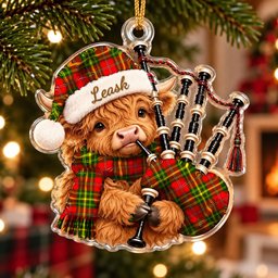 ScotsTee Shop Scottish Leask Tartan Highland Cow Bagpiper Christmas Ornament