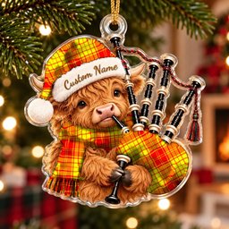 ScotsTee Shop Scottish Macmillan Tartan Highland Cow Bagpiper Christmas Ornament