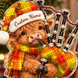 ScotsTee Shop Scottish Macmillan Tartan Highland Cow Bagpiper Christmas Ornament