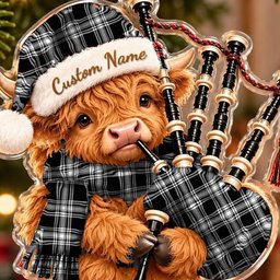 ScotsTee Shop Scottish Menzies Black White Modern Tartan Highland Cow Bagpiper Christmas Ornament