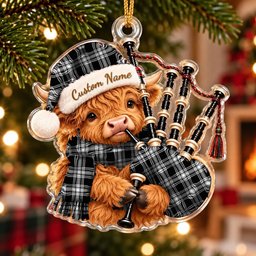 ScotsTee Shop Scottish Menzies Black White Modern Tartan Highland Cow Bagpiper Christmas Ornament