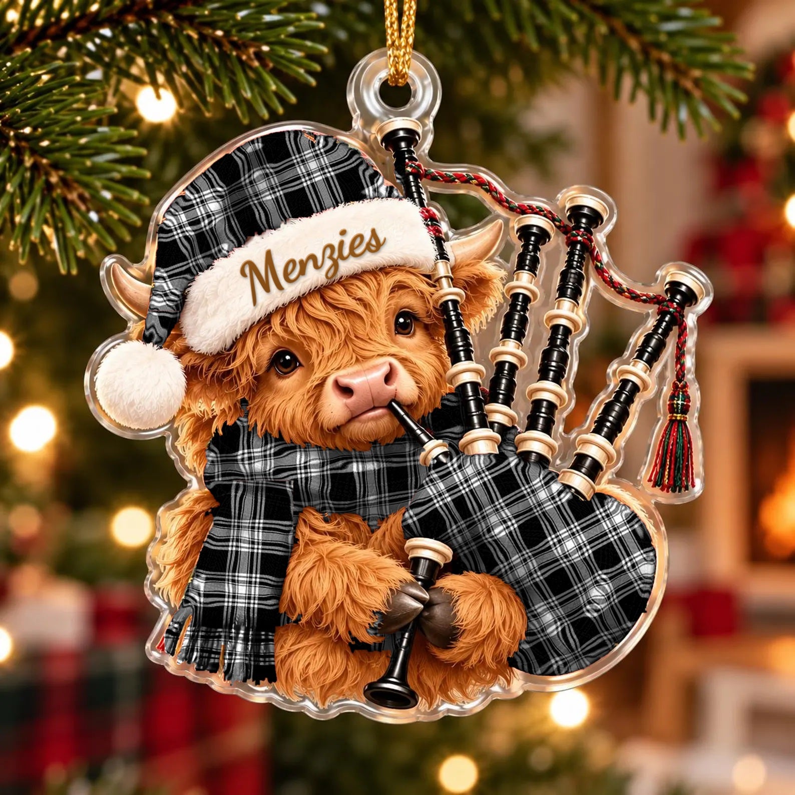 ScotsTee Shop Scottish Menzies Black White Modern Tartan Highland Cow Bagpiper Christmas Ornament