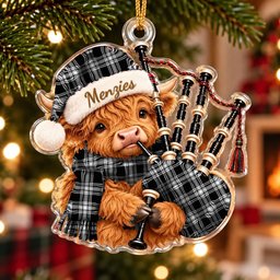 ScotsTee Shop Scottish Menzies Black White Modern Tartan Highland Cow Bagpiper Christmas Ornament