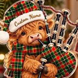 ScotsTee Shop Scottish Maclachlan Hunting Modern Tartan Highland Cow Bagpiper Christmas Ornament