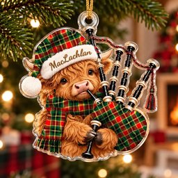 ScotsTee Shop Scottish Maclachlan Hunting Modern Tartan Highland Cow Bagpiper Christmas Ornament