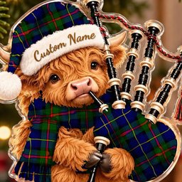 ScotsTee Shop Scottish Macleod Of Harris Modern Tartan Highland Cow Bagpiper Christmas Ornament