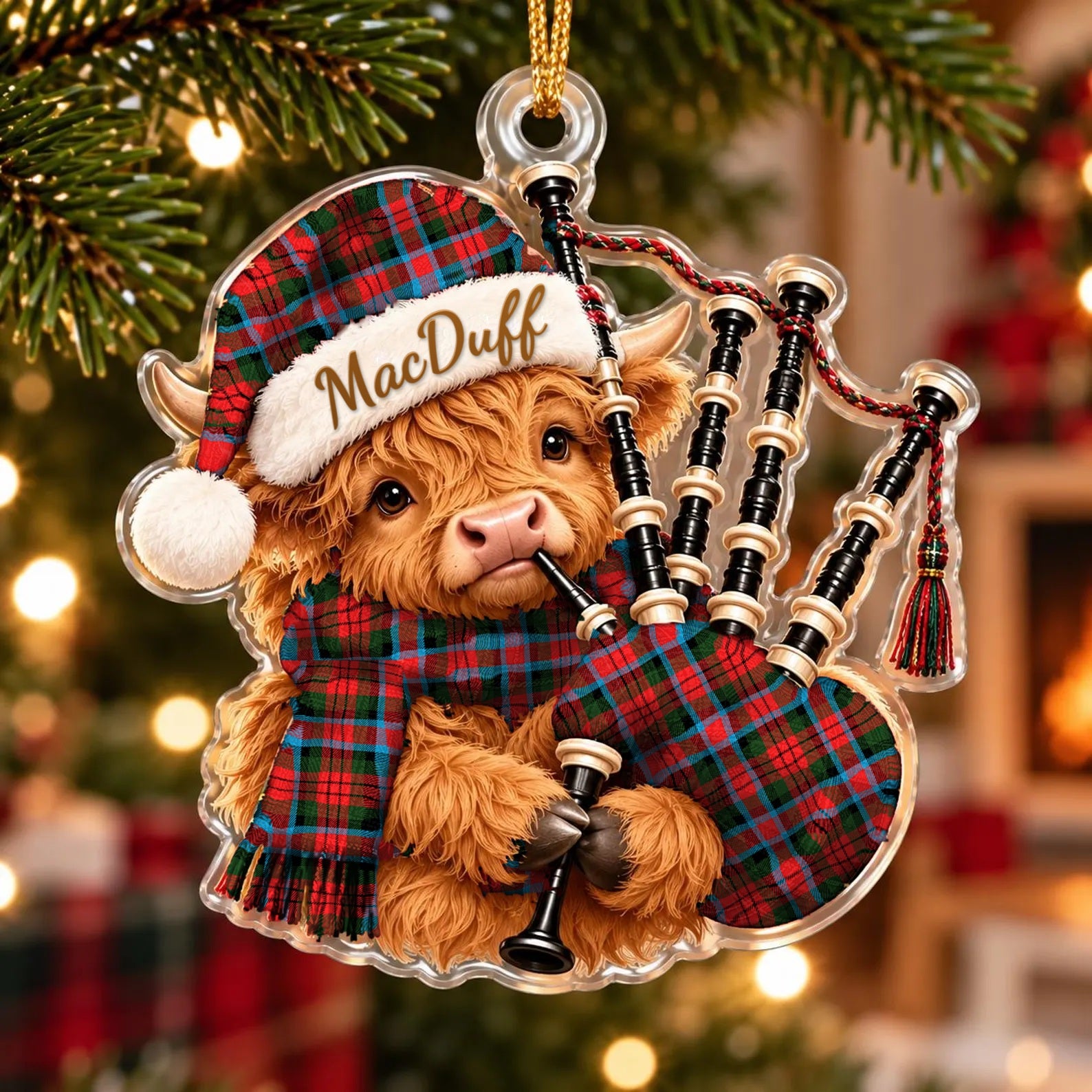 ScotsTee Shop Scottish Macduff Modern Tartan Highland Cow Bagpiper Christmas Ornament