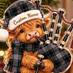 ScotsTee Shop Scottish Moffat Modern Tartan Highland Cow Bagpiper Christmas Ornament