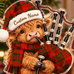 ScotsTee Shop Scottish Livingstone Modern Tartan Highland Cow Bagpiper Christmas Ornament