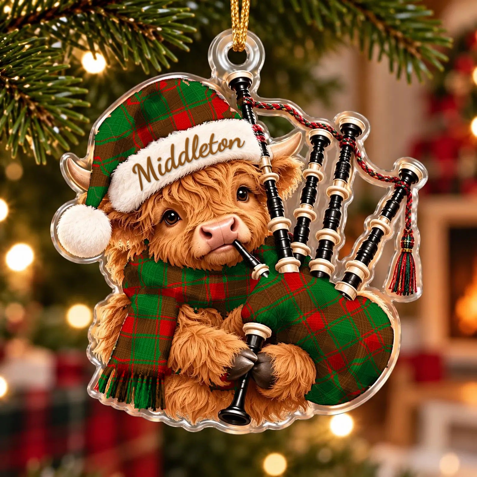 ScotsTee Shop Scottish Middleton Modern Tartan Highland Cow Bagpiper Christmas Ornament