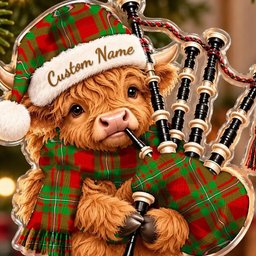 ScotsTee Shop Scottish Macgregor Modern Tartan Highland Cow Bagpiper Christmas Ornament