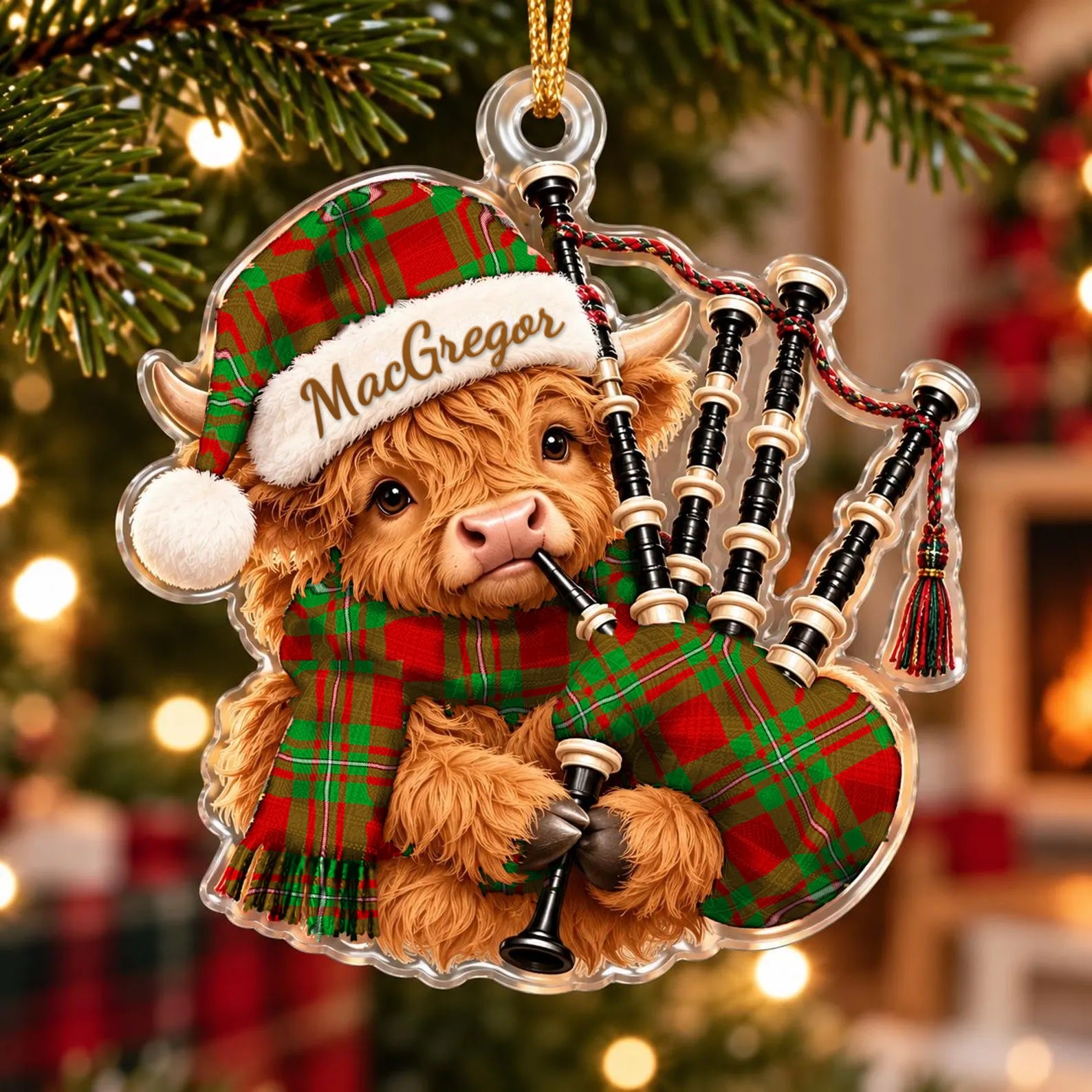 ScotsTee Shop Scottish Macgregor Modern Tartan Highland Cow Bagpiper Christmas Ornament