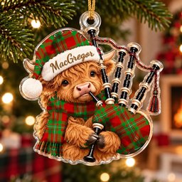 ScotsTee Shop Scottish Macgregor Modern Tartan Highland Cow Bagpiper Christmas Ornament