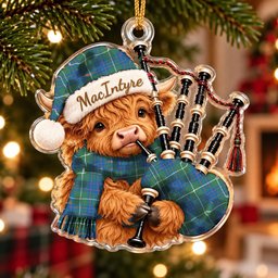 ScotsTee Shop Scottish Macintyre Hunting Ancient Tartan Highland Cow Bagpiper Christmas Ornament